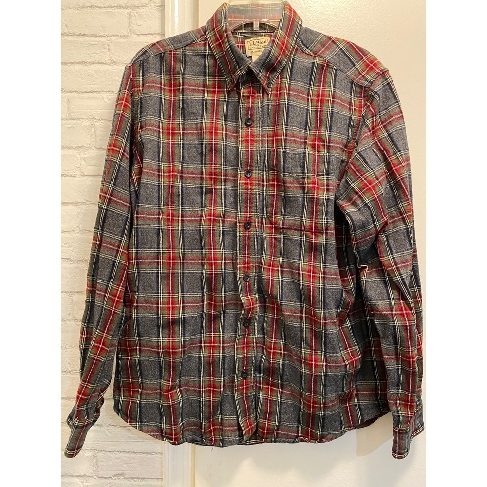L.L. Bean Men's button Plaid Shirt M-Reg 100 Cotton Long Sleeve Gray, Red green